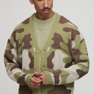 Oversized Boxy Ribbed Camo Knitted Cardigan