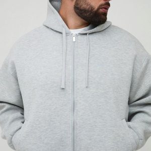 Plus Scuba Marl Embroidered Boxy Oversized Zip Through Hoodie