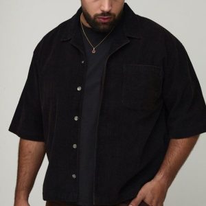 Plus Washed Cord Boxy Oversized Revere Collar Shirt