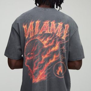 Tall Oversized Washed Miami Flame Ski Mask Print T-Shirt