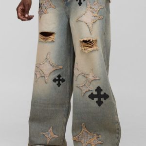 Tall Distressed Applique Tinted Baggy Fit Jeans