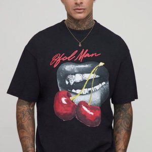Tall Oversized Extended Neck Vintage Wash Cherry Lips Graphic T-Shirt