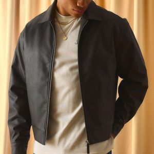 Regular Fit Antique PU Zip Up Harrington Jacket