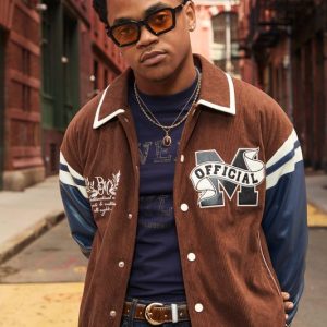 Regular Fit Cord Applique PU Sleeve Varsity Jacket