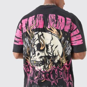 Oversized Extended Neck Over The Seam Gothic Back Print T-shirt