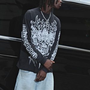 Black Oversized Extended Neck Washed Gothic BM Crest Long Sleeve T-Shirt