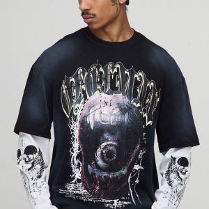 Oversized Boxy Ofclman Graphic Faux Layer Washed T-Shirt
