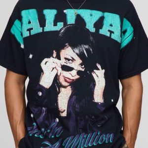 Black Oversized Aaliyah Over The Seam License Printed T-Shirt