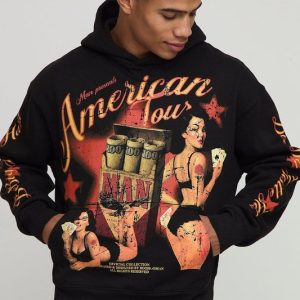 Black Oversized Boxy American Tour Graphic Hoodie