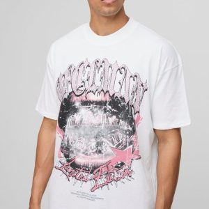 White Oversized Extended Neck Ofcl Man Gothic Rhinestone T-Shirt
