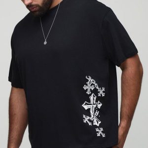 Plus Oversized Washed Cross Puff Print T-Shirt
