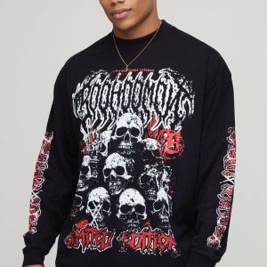 Black Oversized Long Sleeve Skull Printed Graphic T-Shirt