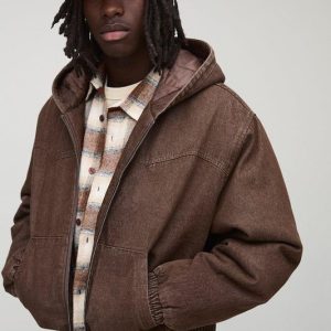 Boxy Fit Denim Quilted Zip Through Hoodie