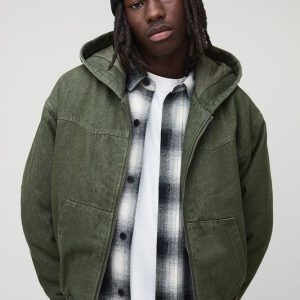 Boxy Fit Denim Quilted Zip Through Hoodie