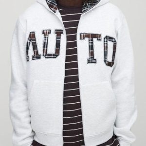 Grey Check Applique Zip Through Hoodie