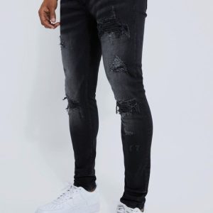 Skinny Stretch Rip And Repair Biker Washed Jeans