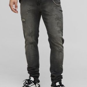 Skinny Stretch Distressed Washed Grey Jeans With Chain