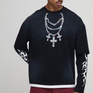 Black Oversized Shrunken Boxy Faux Layer Man Rhinestone Printed Long Sleeve T-Shirt