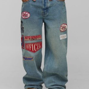 Relaxed Varsity Badge Washed Denim Jeans