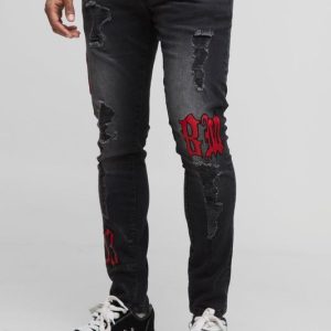 Skinny Fit PU Applique Washed Ripped Jeans