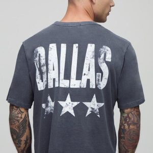 Charcoal Shrunken Boxy Dallas Star Raw Hem Washed T-Shirt