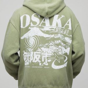 Oversized Washed Green Osaka Printed Hoodie