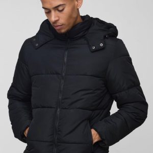 Regular Fit Hooded Matte Puffer Jacket in Black
