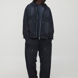 Black Oversized Boxy Stone Washed Straight Leg Carpenter Tracksuit