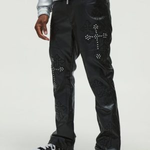 PU Fixed Waist Slim Flare Applique Rhinestone Pants