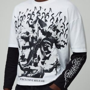 Oversized Boxy Faux Layer Gothic Printed Long Sleeve T-Shirt