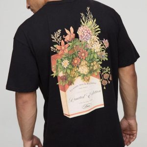 Black Oversized Man Floral Vintage Cigarette Print T-Shirt