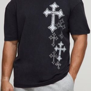 Black Oversized Extended Neck Rhinestone Cross T-Shirt