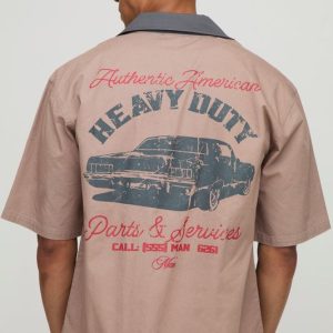 Oversized Embroidered Contrast Collar Washed Revere Shirt