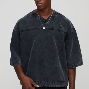 Oversized Boxy V Neck Denim Hockey T-Shirt