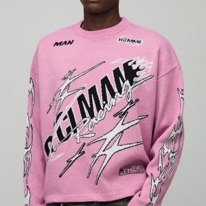 Oversized Boxy Moto Jacquard Graphic Knitted Jumper