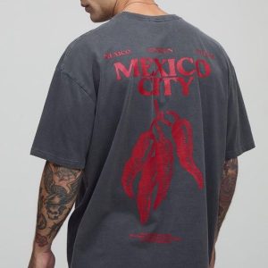 Charcoal Oversized Mexico Chilli Print Washed T-Shirt
