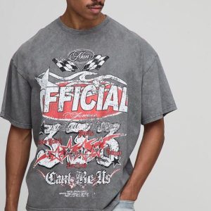 Charcoal Oversized Washed Official Moto Printed T-Shirt