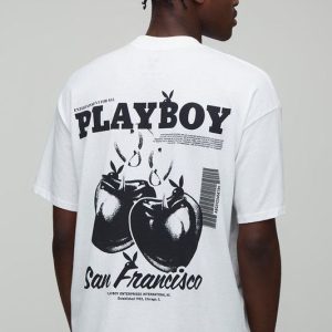 White Oversized Extended Neck Playboy License Printed T-Shirt