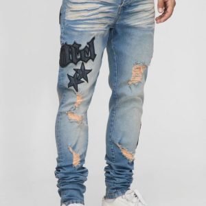 Skinny Fit Stacked PU Applique Washed Chain Jeans
