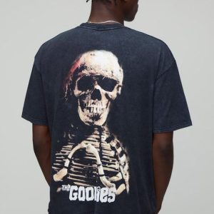 Black Oversized The Goonies Acid Wash License Printed T-Shirt