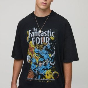 Black Oversized Extended Neck The Fantastic Four Acid Wash Licensed Printed T-Shirt