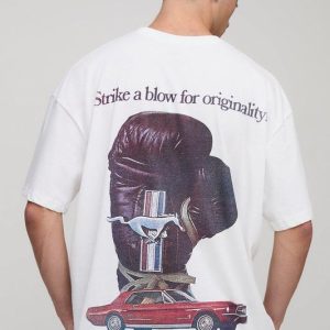 White Oversized Ford Mustang License Printed T-Shirt