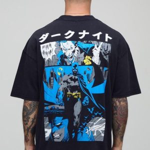 Black Oversized Batman Washed License Printed T-Shirt