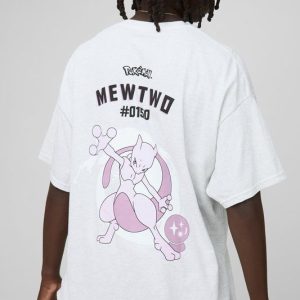 Grey Oversized Pokemon Mewtwo License Printed T-Shirt