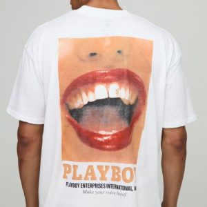 White Oversized Playboy License Printed T-Shirt