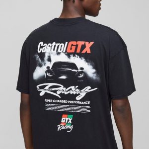 Black Oversized Castrol Racing Acid Wash License Printed T-Shirt
