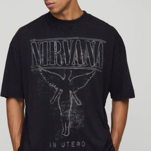 Black Oversized Extended Neck Nirvana Acid Wash License T-Shirt