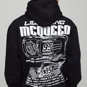 Black Oversized Disney Cars Lightning McQueen License Printed Hoodie