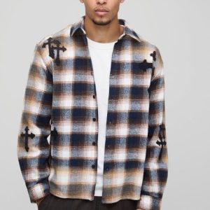 Oversized Cross Applique Bleached Flannel Shirt