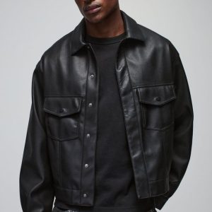 Oversized Tumbled PU Stitch Detail Trucker Jacket